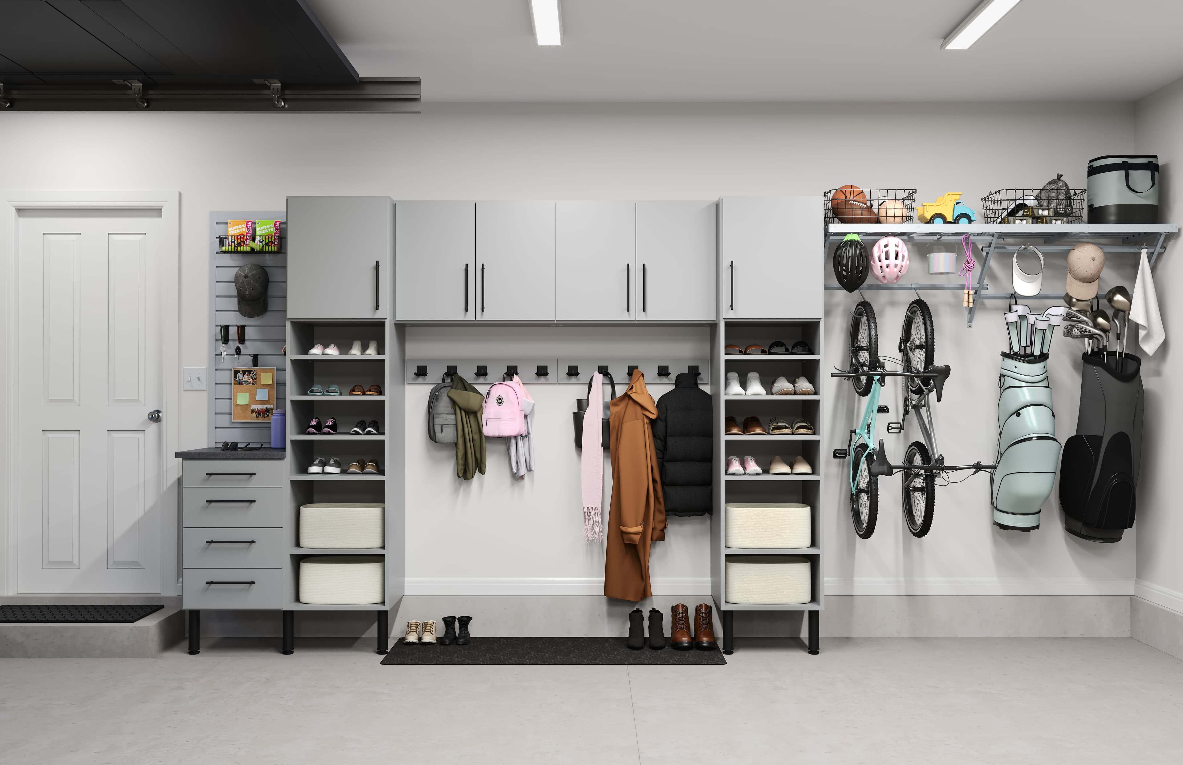 Garage drop zone with hanging, shoe shelves, and bike storage