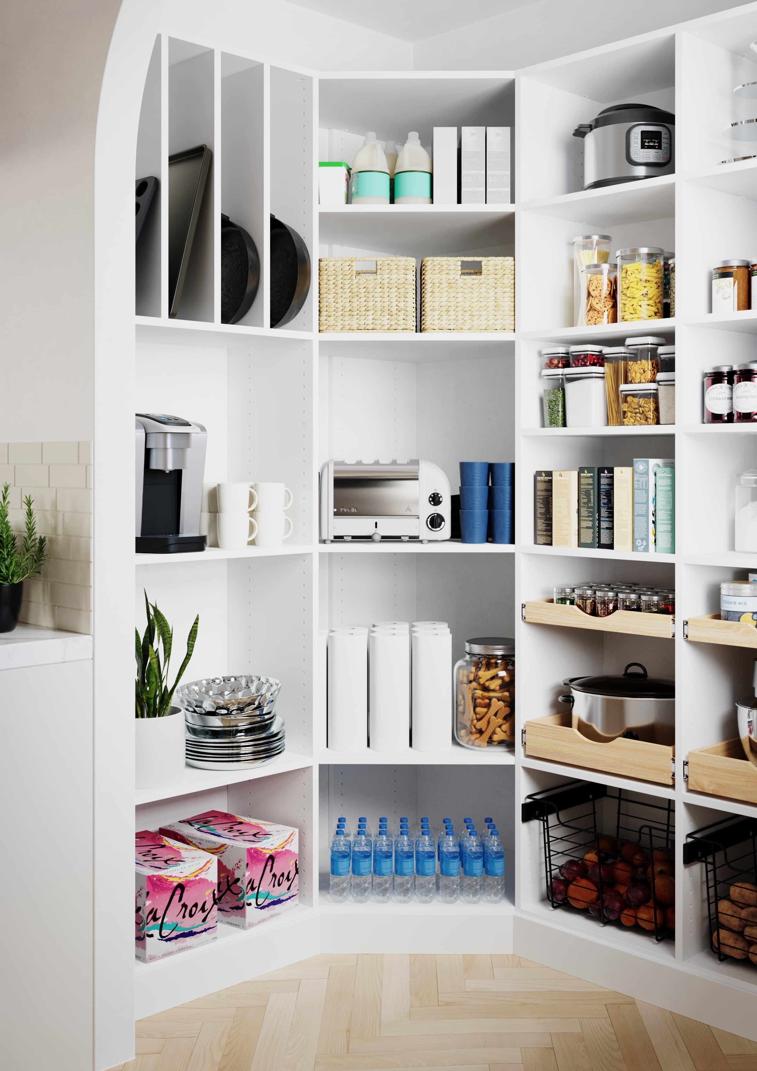 Corner view of a white pantry with open shelves and organized storage