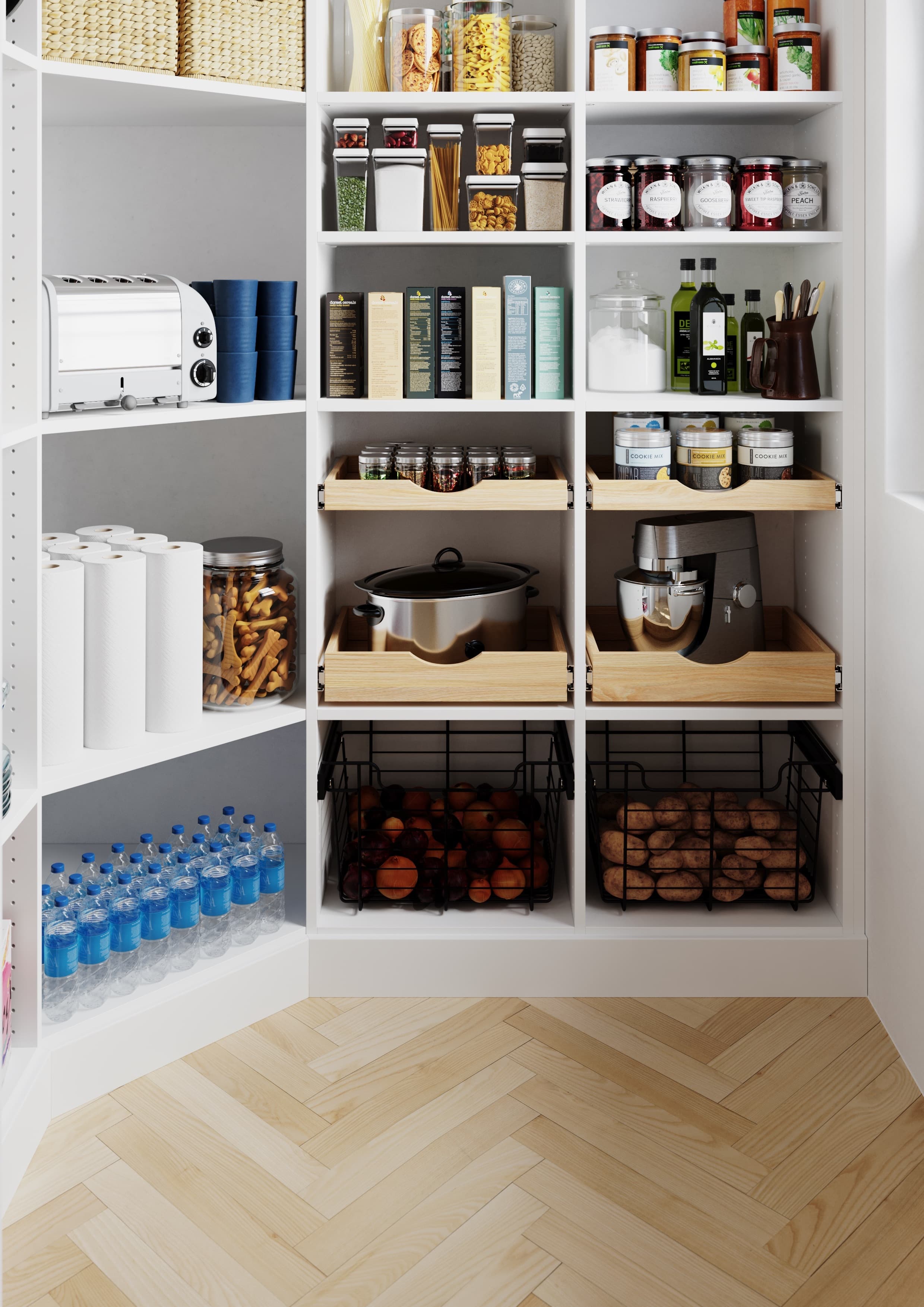 Pantry pull-out trays and wire baskets for appliances and produce
