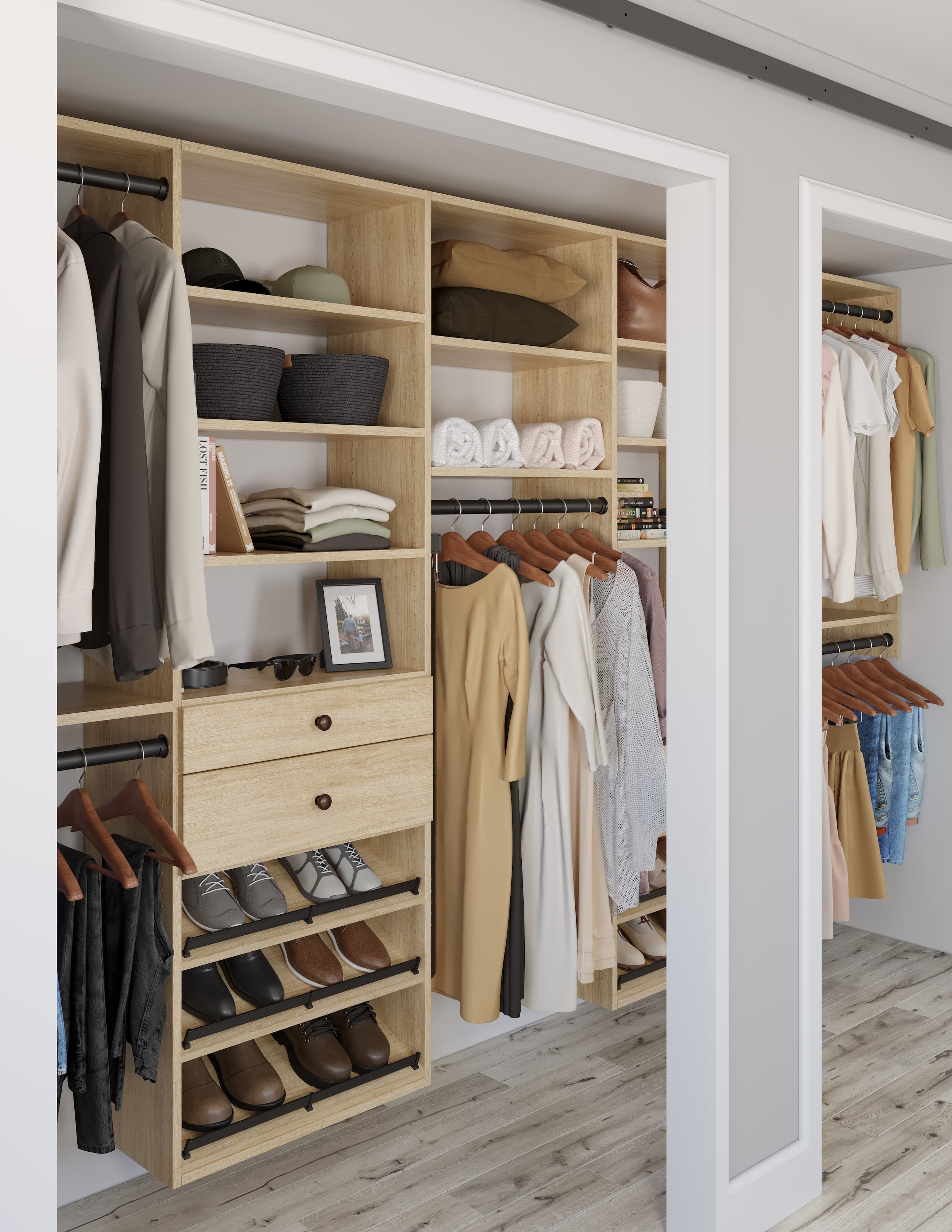 Angled view of a light wood reach-in closet system