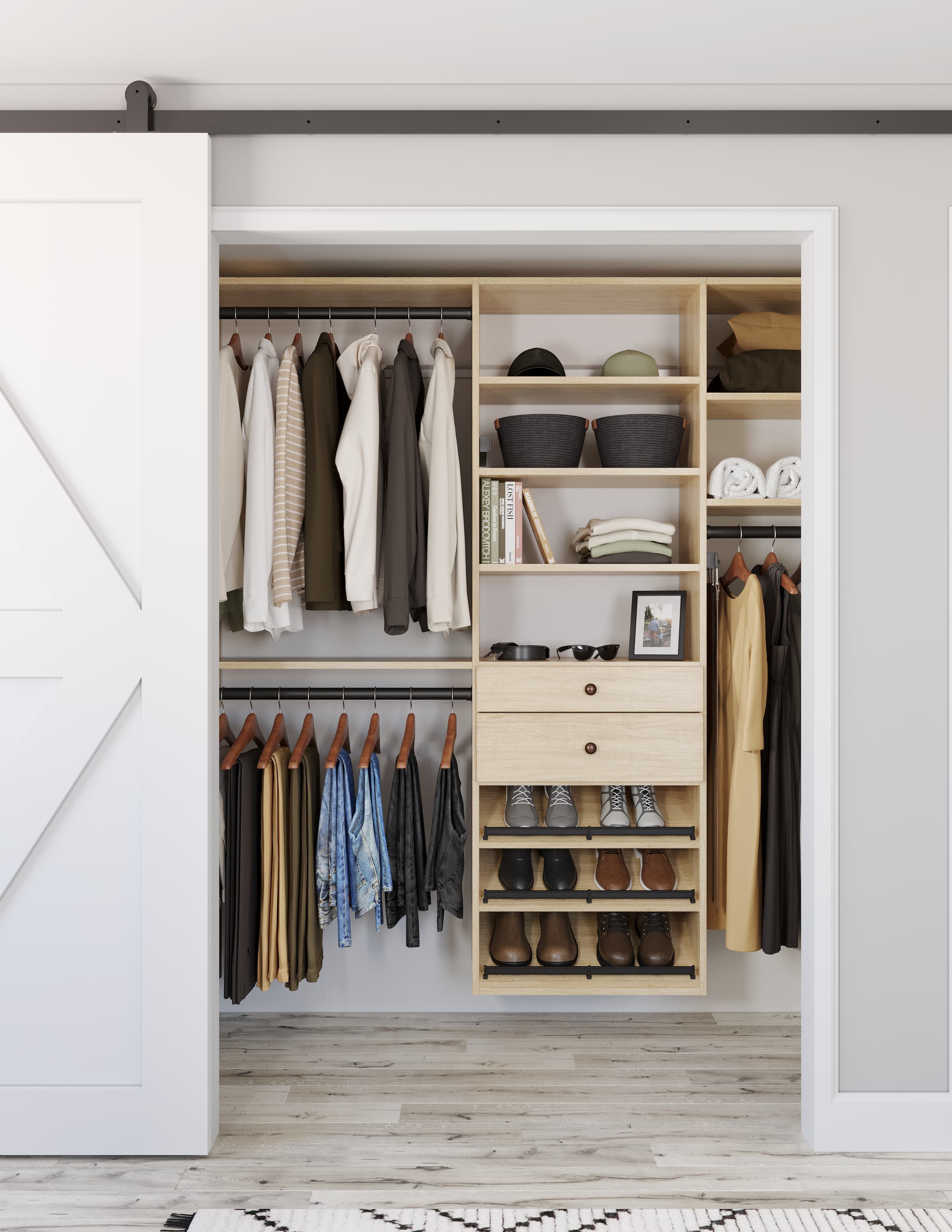 Light wood reach-in closet with double hanging and shoe racks