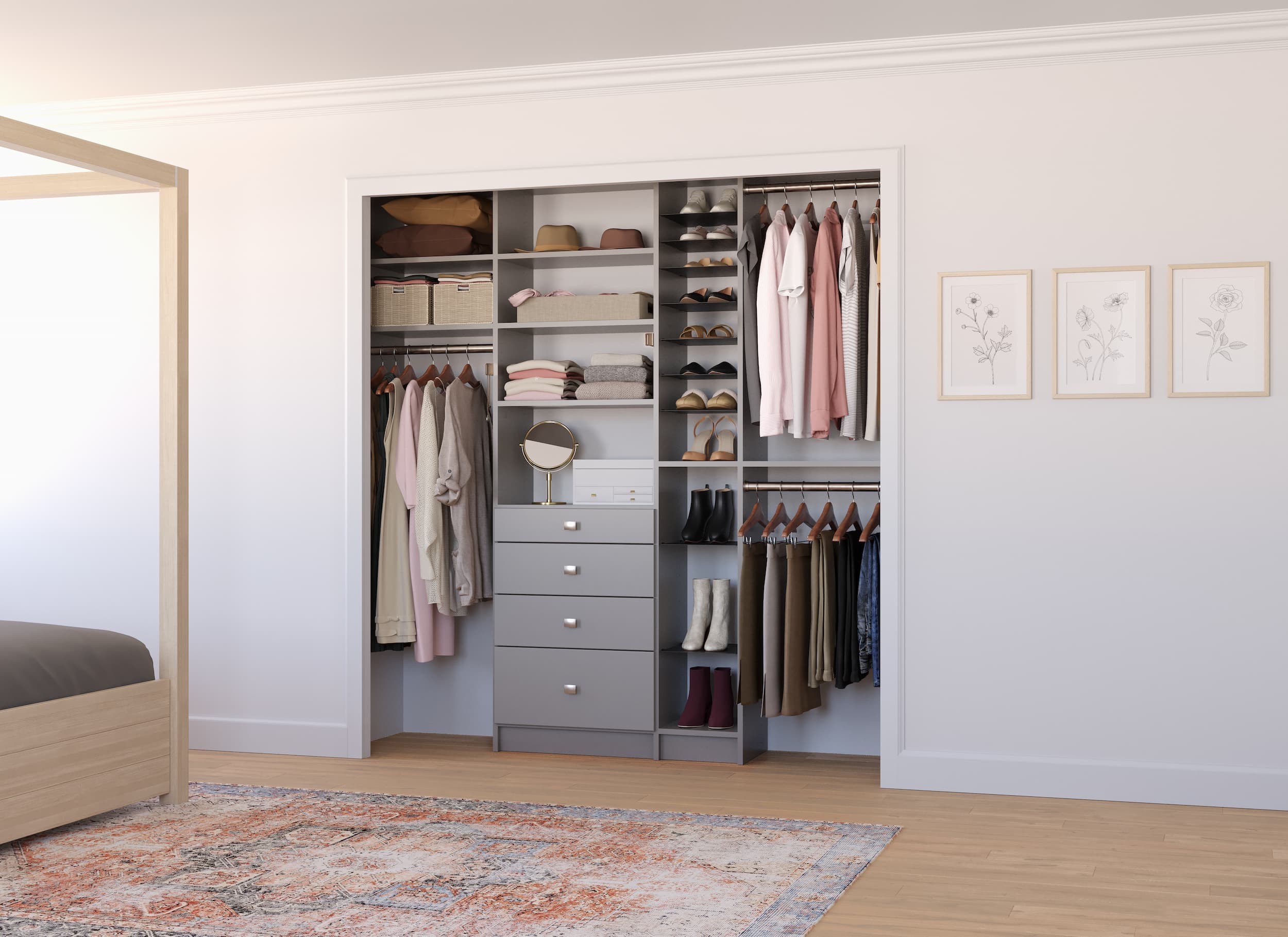 Elegant gray custom reach-in closet designed around a client's wardrobe
