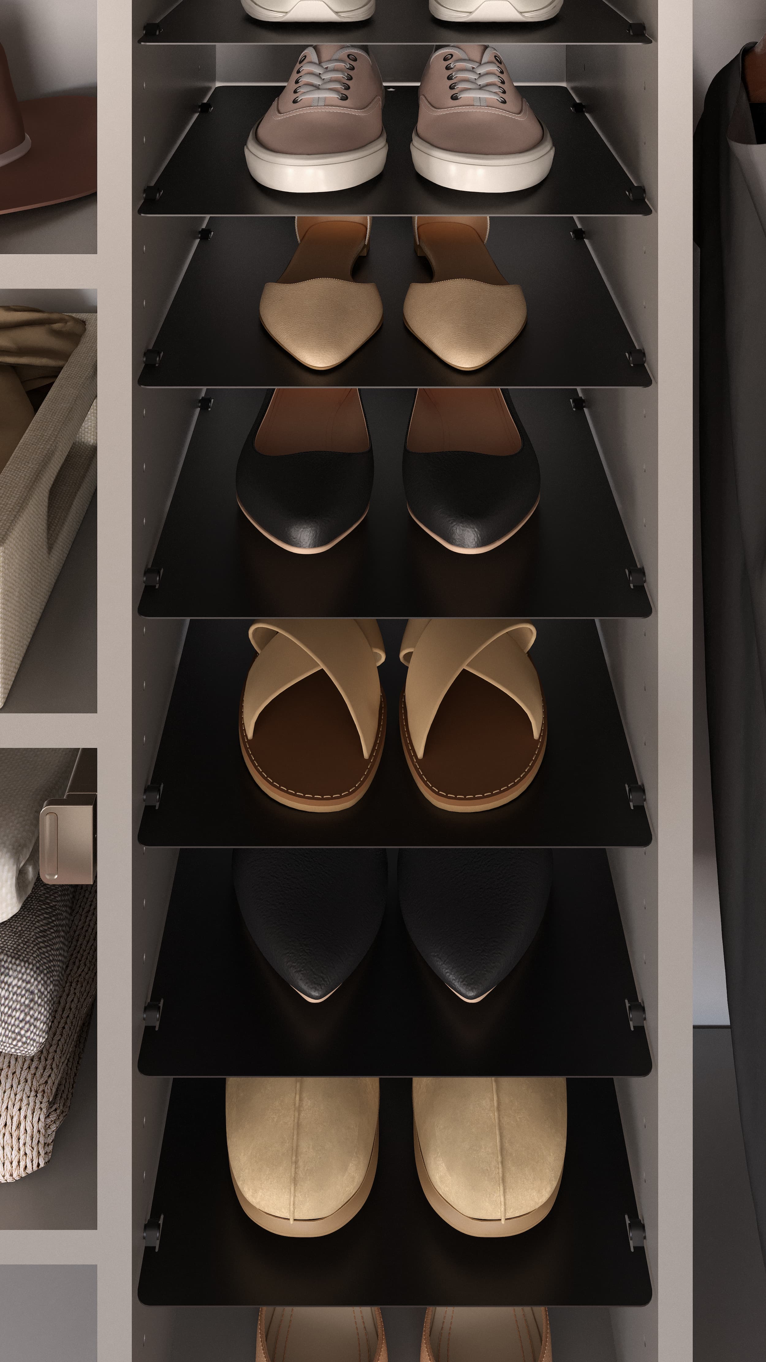 Black shoe shelves in a custom reach-in closet