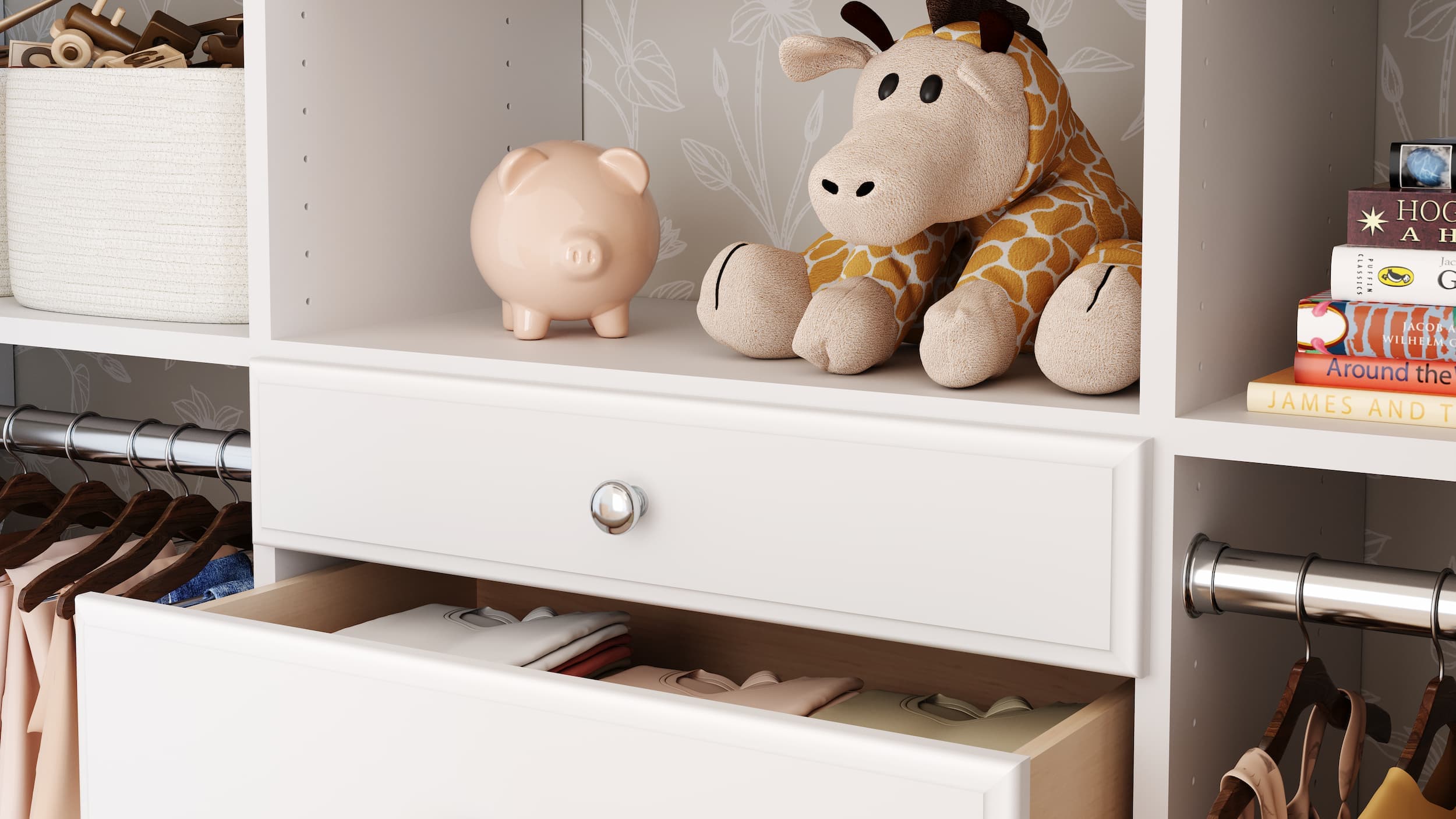 Open drawer detail in a kids reach-in closet