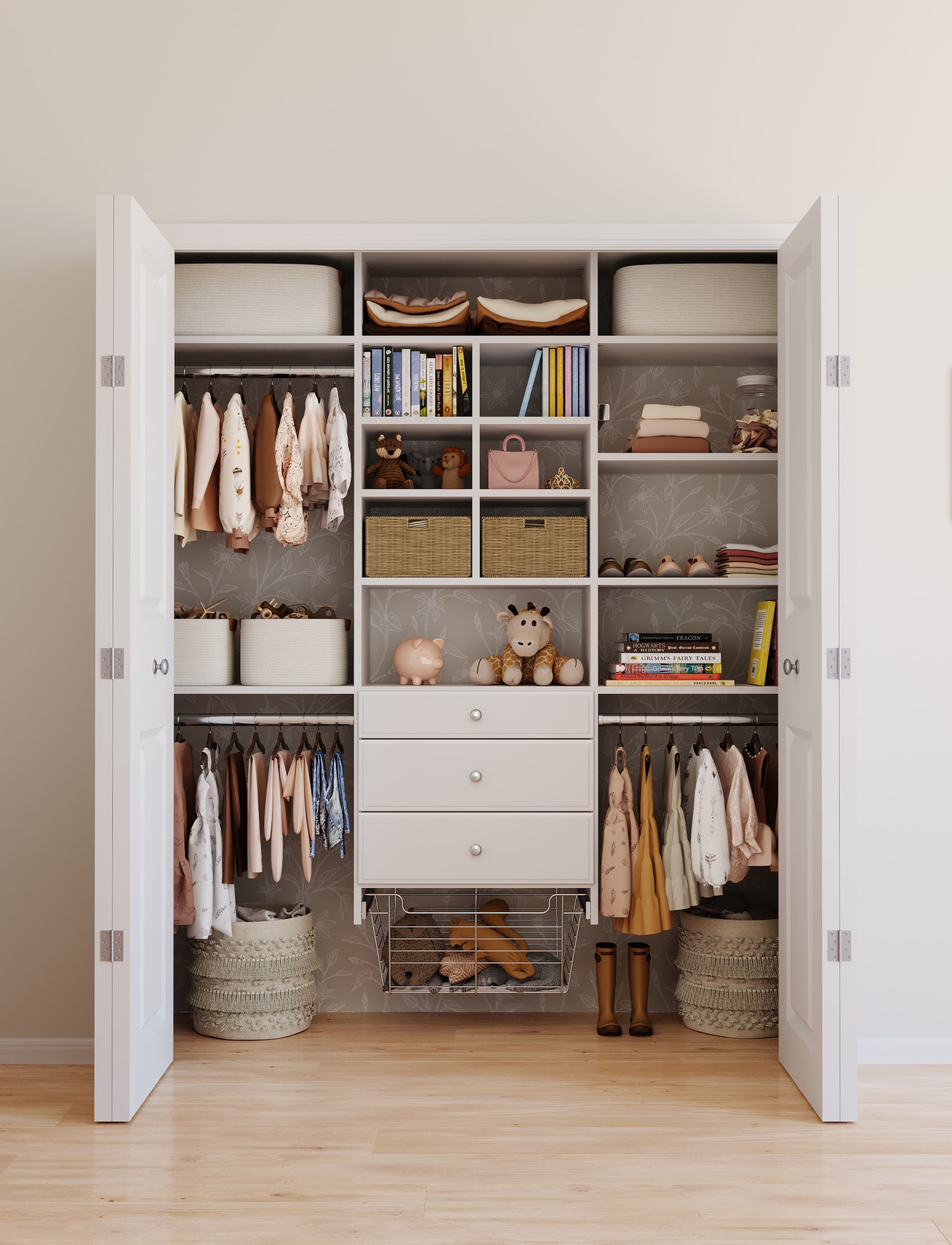 Open kids reach-in closet with drawers, hanging, and a pull-out basket
