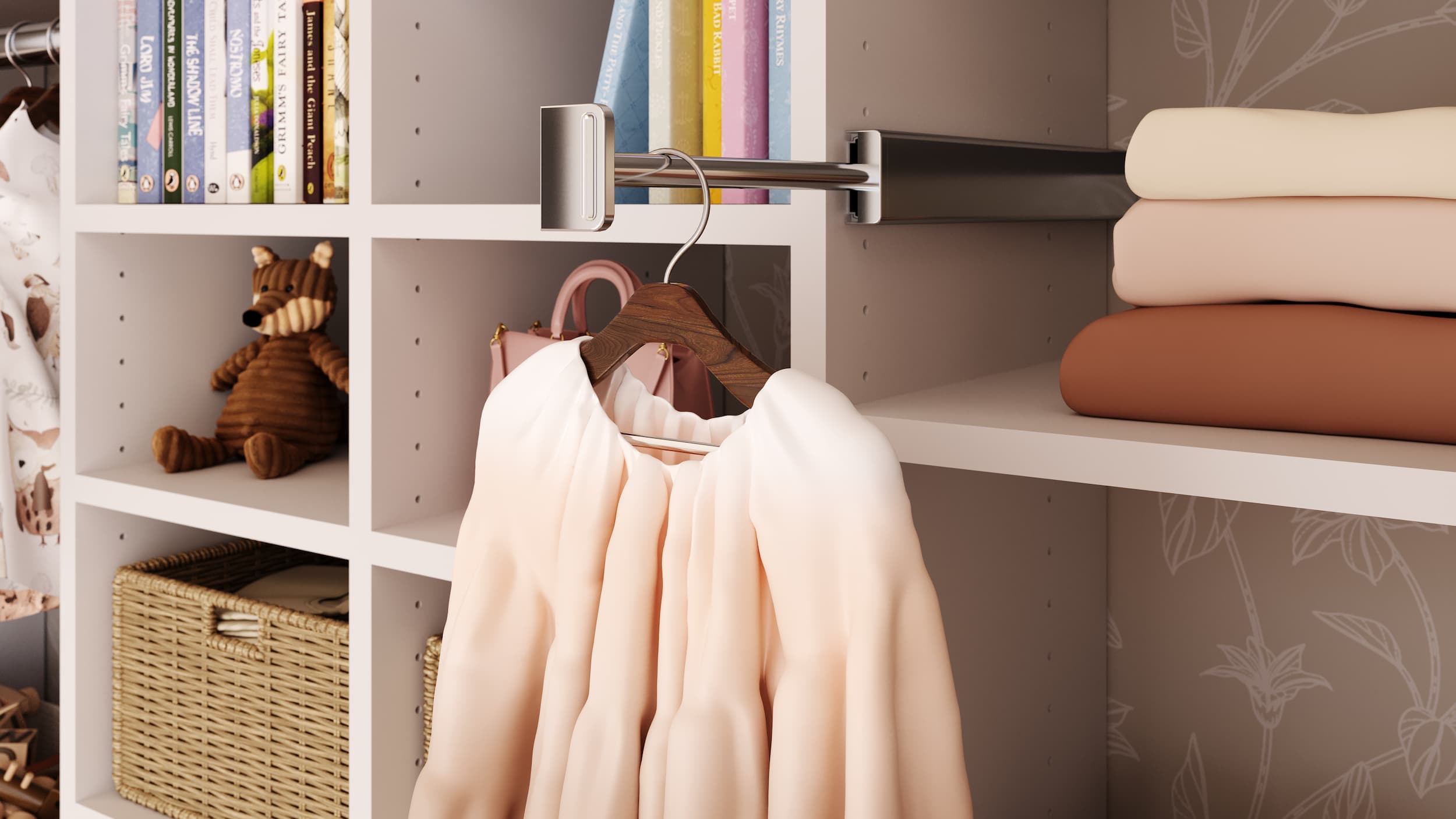 Adjustable hanging rod in a kids reach-in closet