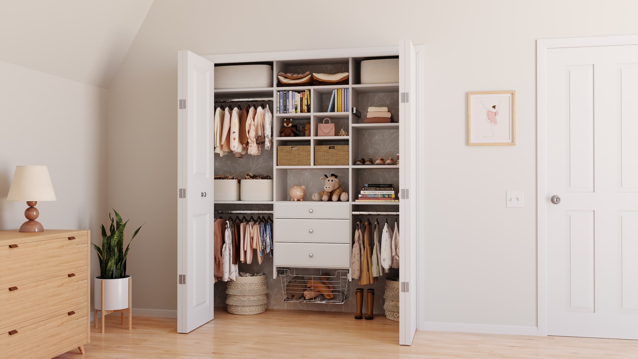 White kids reach-in closet with hanging, drawers, and cubbies