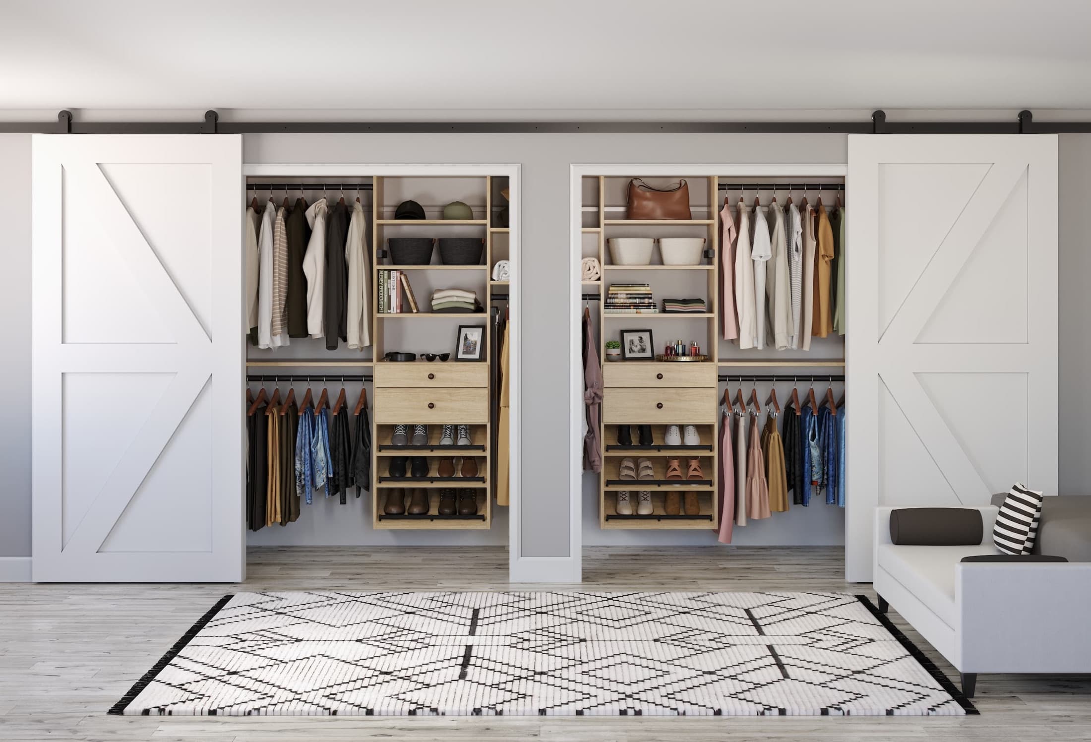 White reach-in closet with shelves, drawers, and hanging space