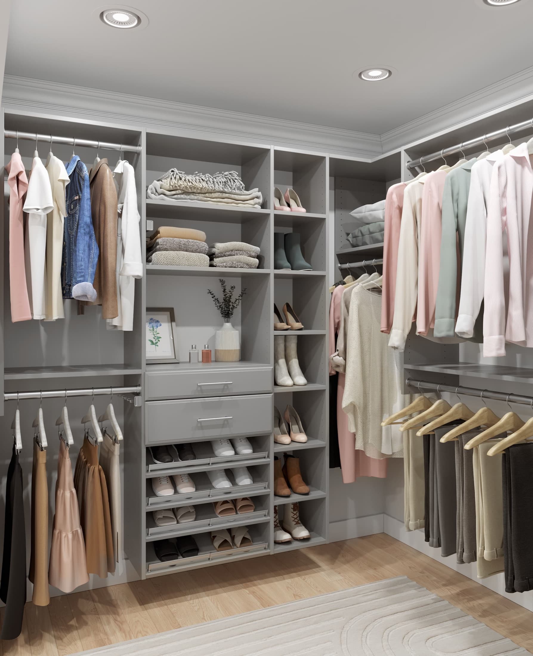 Custom walk-in closet dresser with open shelving and nickel handles