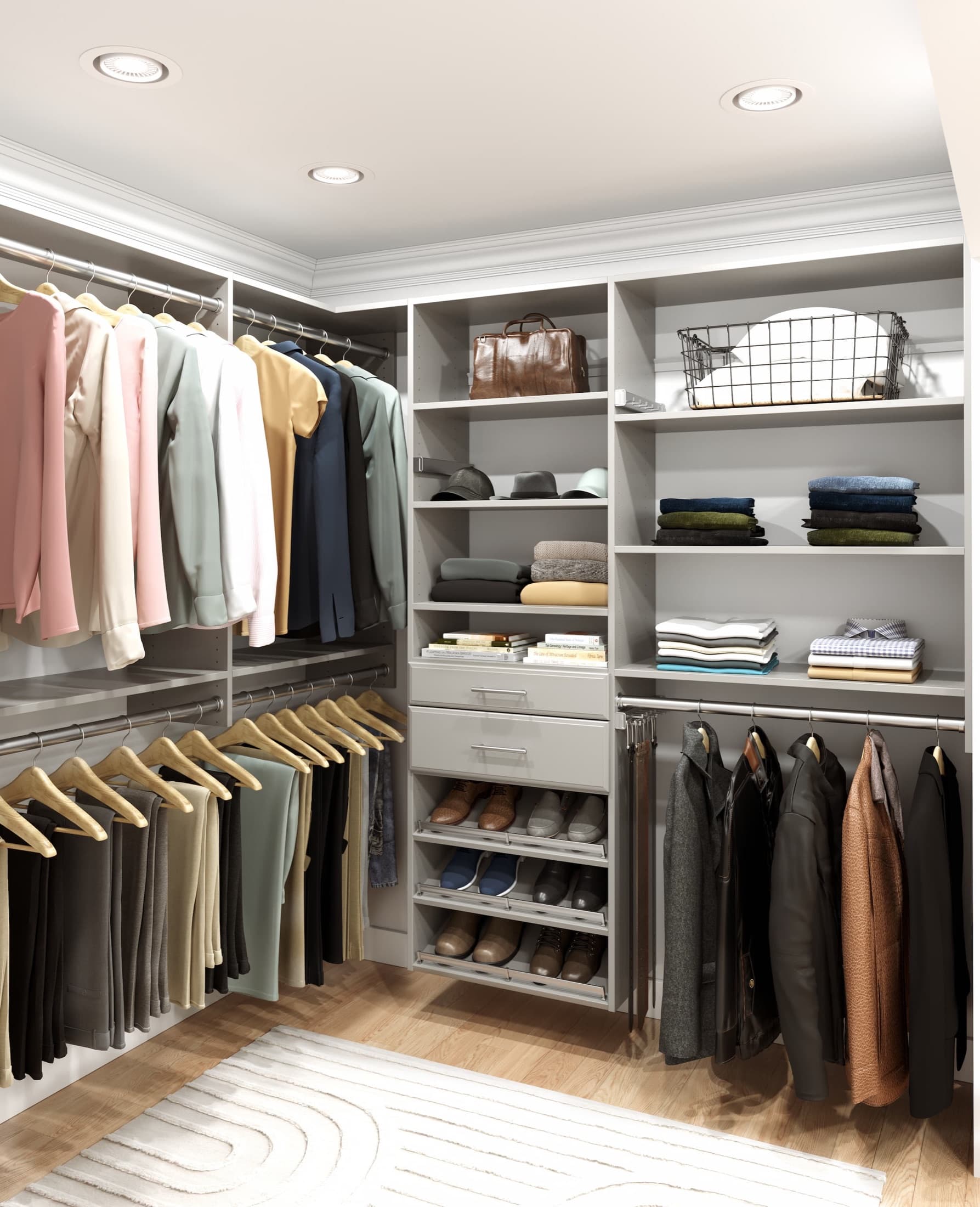 Bright white walk-in closet with floor-to-ceiling shelving
