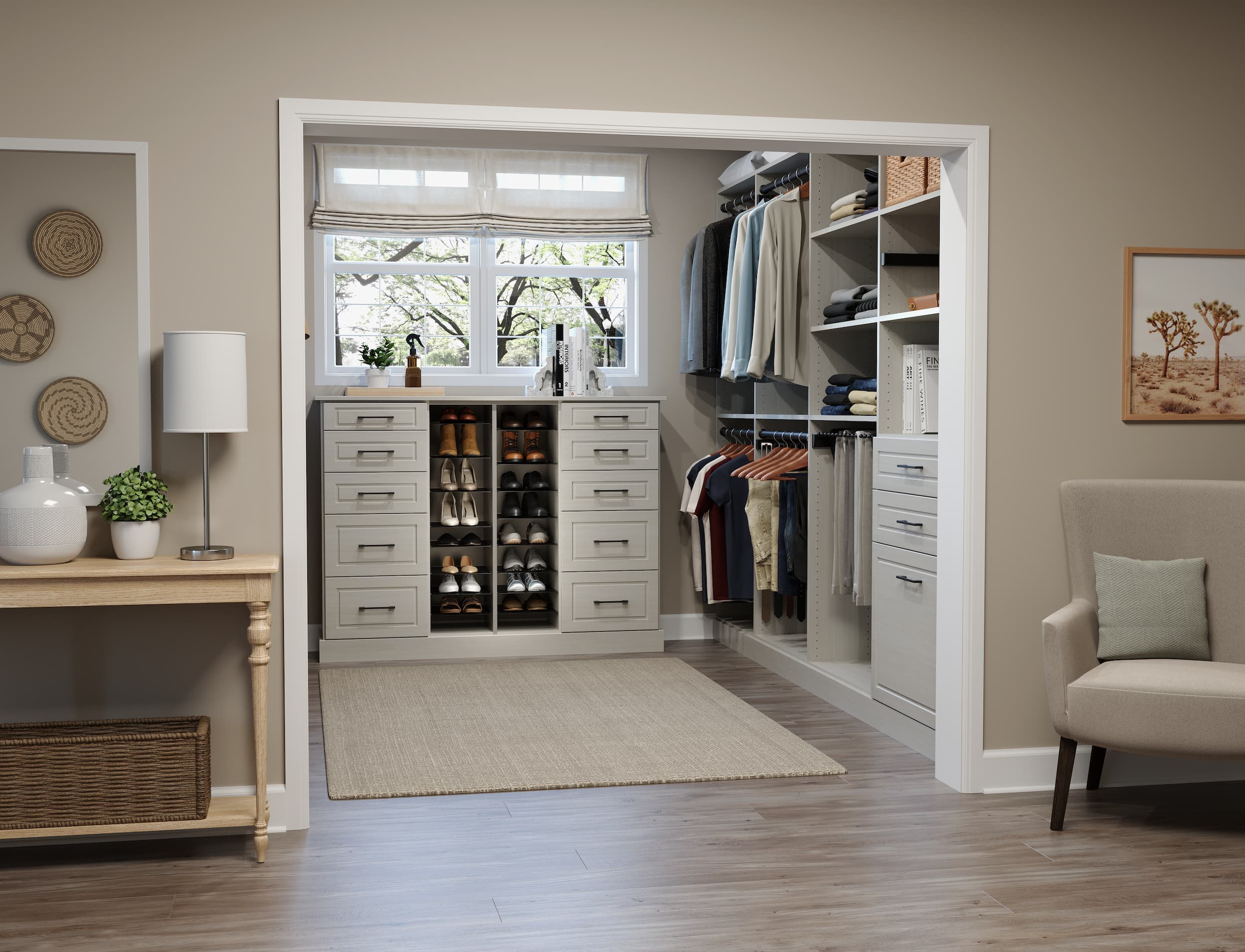 Walk-in closet with under-window drawers, open shoe towers, and double hanging