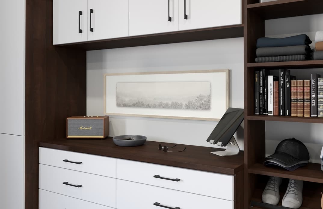 Wardrobe desk surface with drawers and open shelving