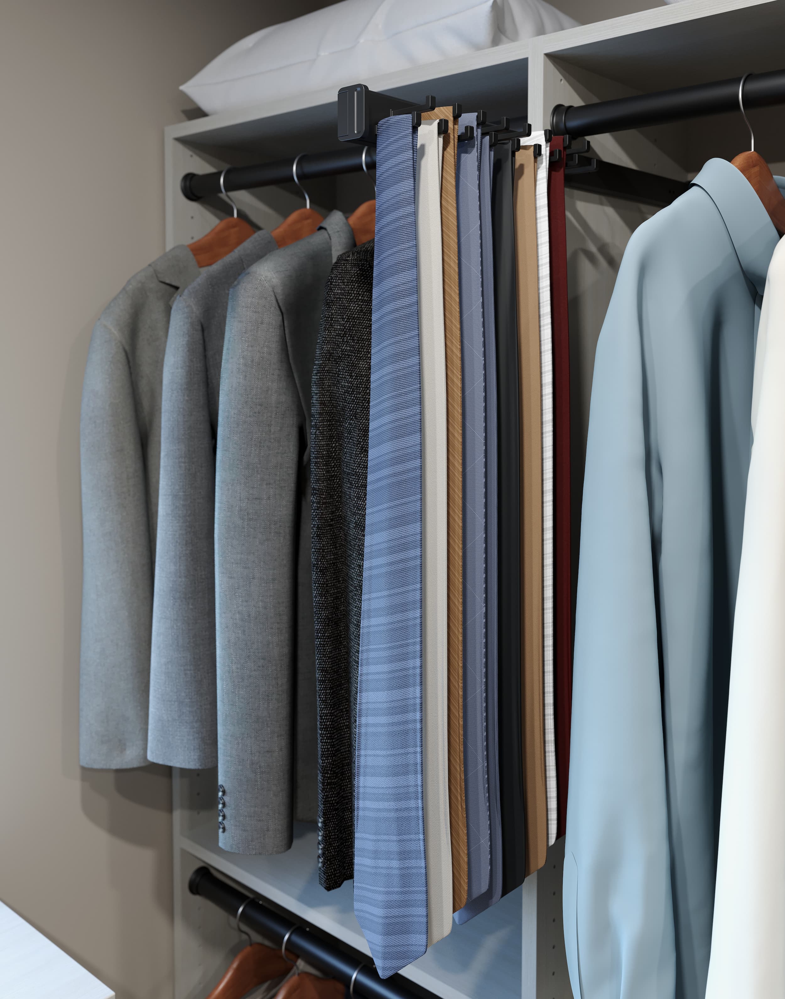 Wardrobe detail with a pull-out tie rack and matte black hanging rods