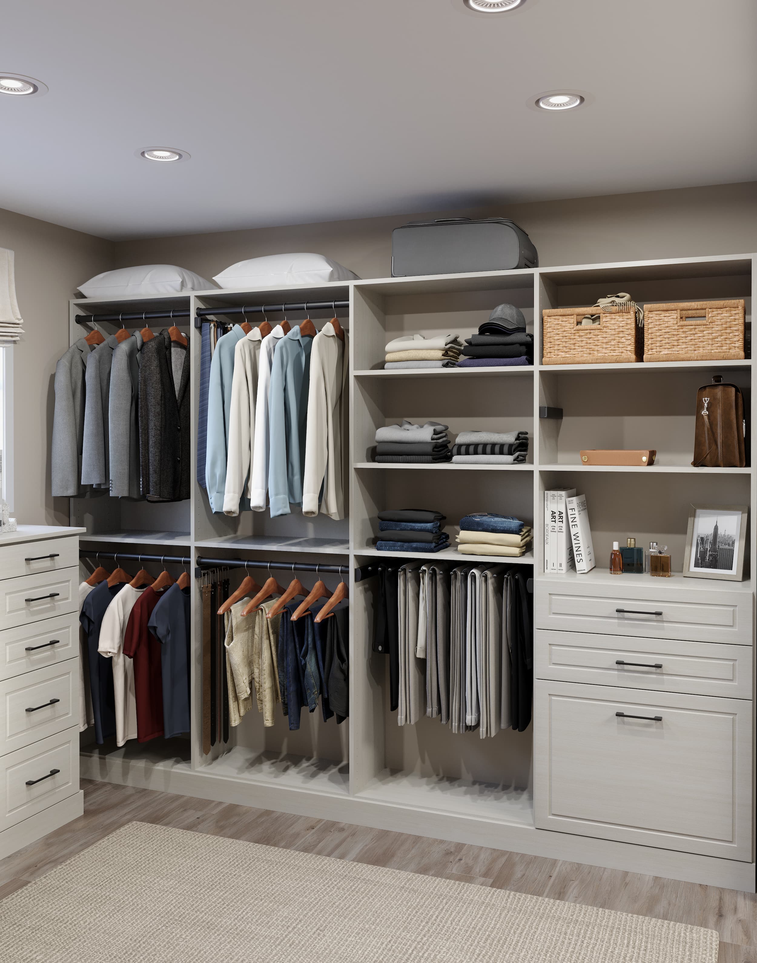 Custom wardrobe wall with hanging space, a trouser rack, and styled open shelving